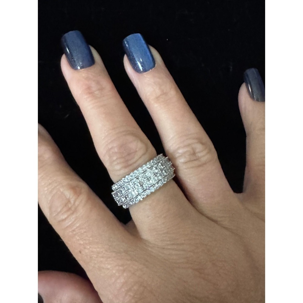 Silver Tone Multi Row Clear CZ Wide Band Statement Ring Size 8 Costume Jewelry